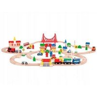 Joc circuit din lemn cu trenulet si masinute 90 piese Ecotoys