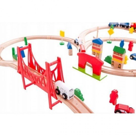 Joc circuit din lemn cu trenulet si masinute 90 piese Ecotoys