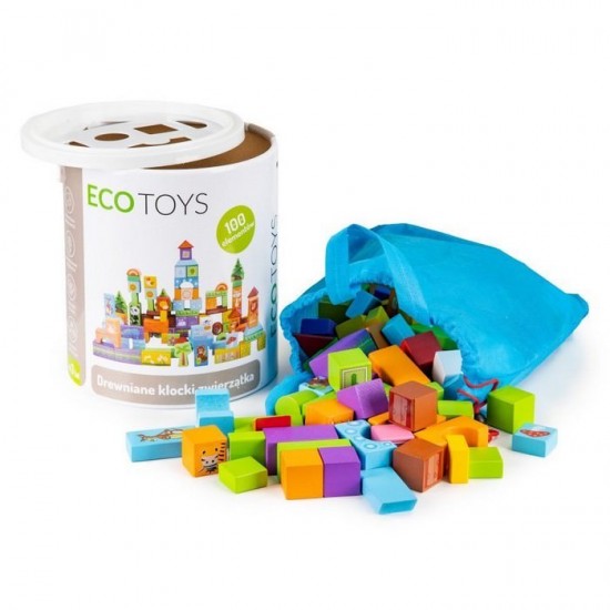 Set educational cu blocuri din lemn 100 piese animalute Ecotoys