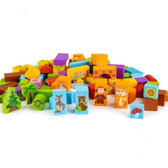 Set educational cu blocuri din lemn 100 piese animalute Ecotoys