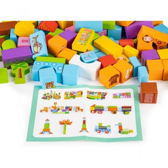 Set educational cu blocuri din lemn 100 piese animalute Ecotoys