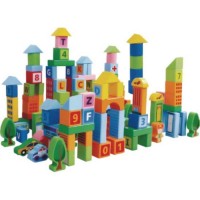 Set educational cu blocuri din lemn 100 piese Ecotoys SR19005
