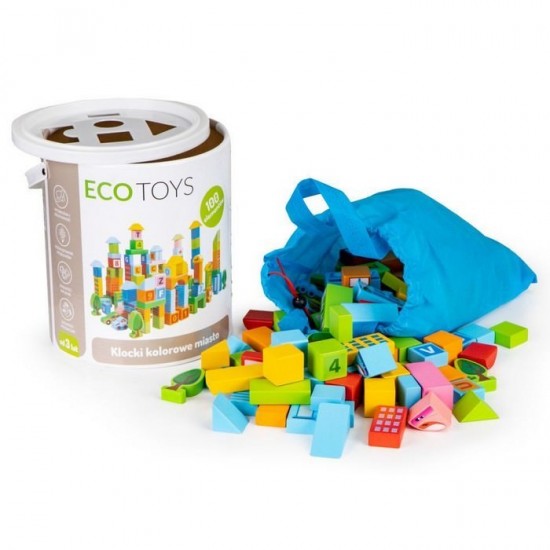 Set educational cu blocuri din lemn 100 piese Ecotoys SR19005