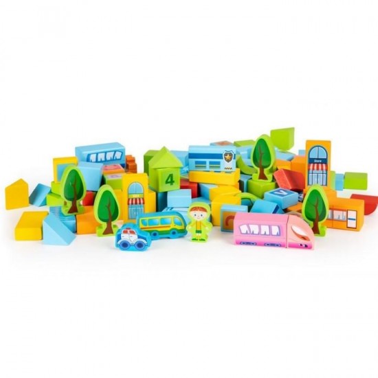 Set educational cu blocuri din lemn 100 piese Ecotoys SR19005