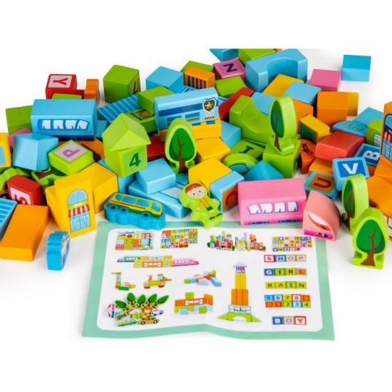 Set educational cu blocuri din lemn 100 piese Ecotoys SR19005