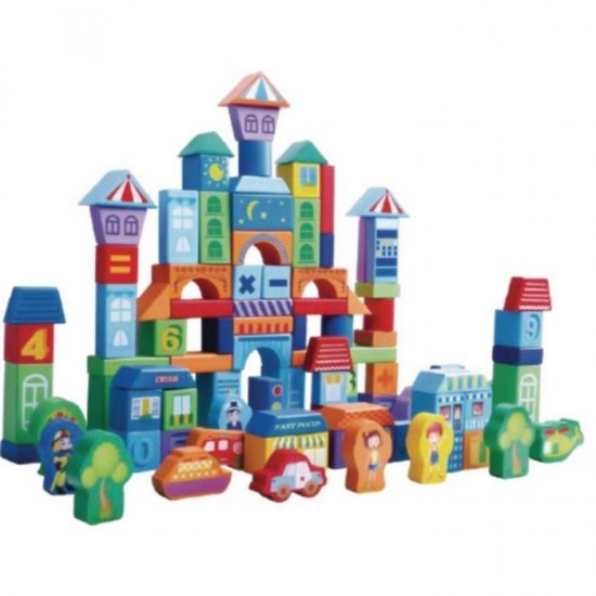 Set educational cu blocuri din lemn 100 piese orasel Ecotoys