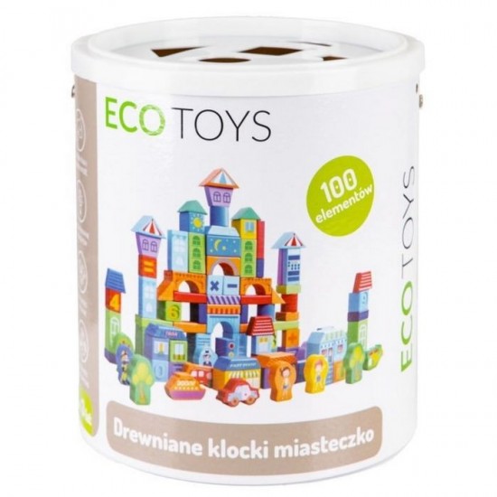 Set educational cu blocuri din lemn 100 piese orasel Ecotoys