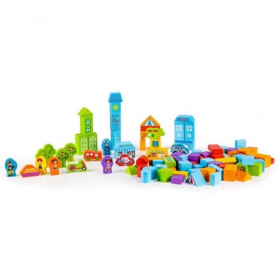 Set educational cu blocuri din lemn 100 piese orasel Ecotoys