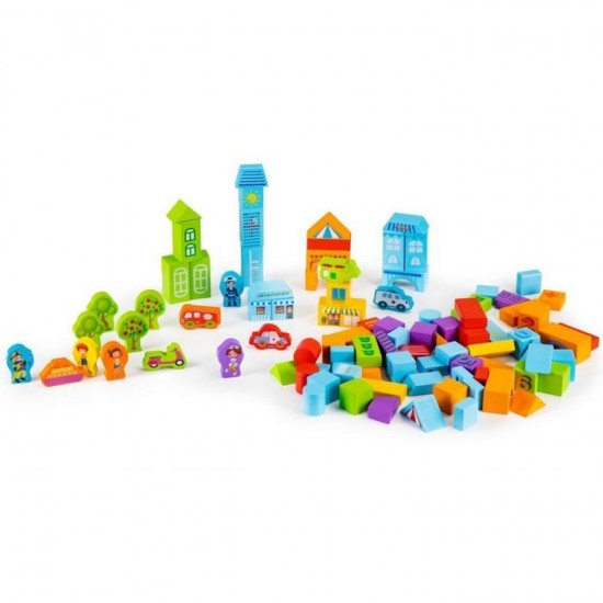 Set educational cu blocuri din lemn 100 piese orasel Ecotoys