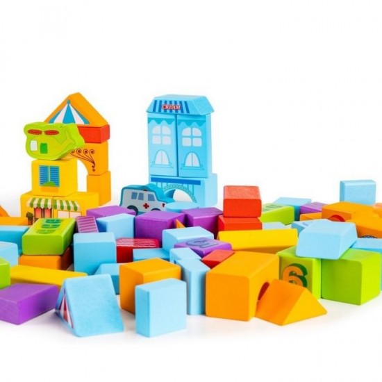 Set educational cu blocuri din lemn 100 piese orasel Ecotoys