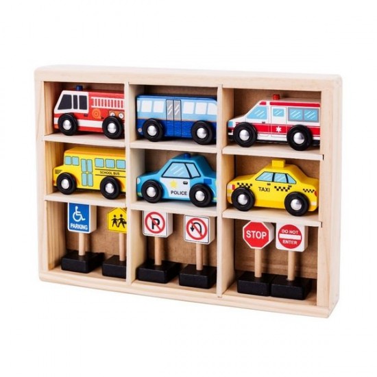 Set masinute si indicatoare rutiere din lemn cu suport rama Ecotoys