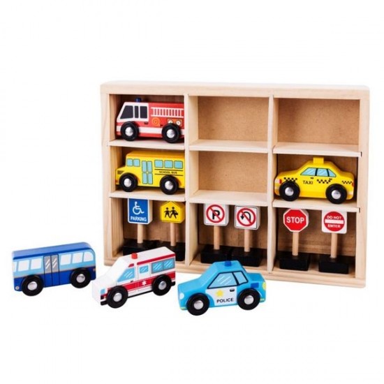 Set masinute si indicatoare rutiere din lemn cu suport rama Ecotoys