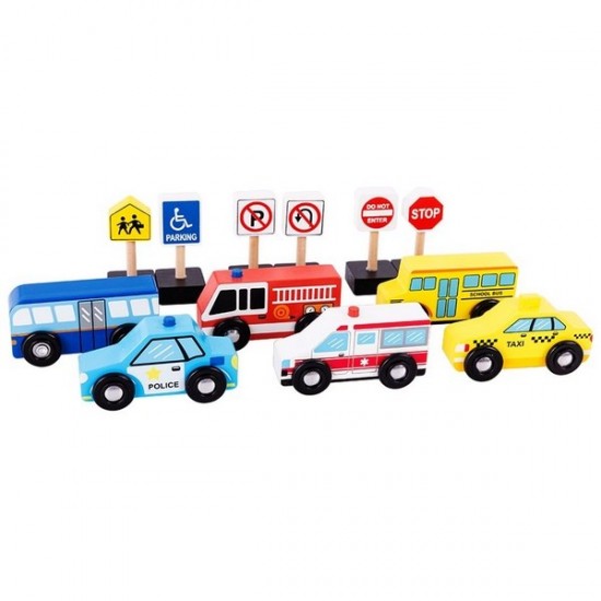Set masinute si indicatoare rutiere din lemn cu suport rama Ecotoys