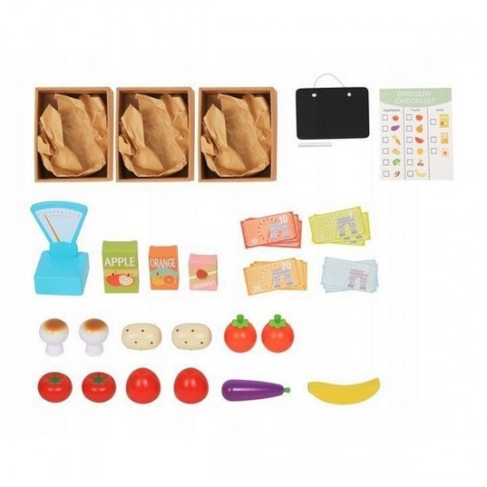 Stand magazin din lemn Ecotoys cu 37 accesorii