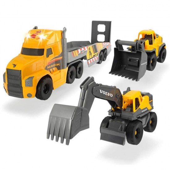Camion Dickie Toys Mack Volvo Heavy Loader Truck cu remorca, buldozer si camion basculant