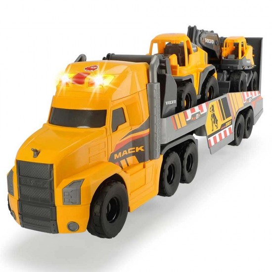 Camion Dickie Toys Mack Volvo Heavy Loader Truck cu remorca, buldozer si camion basculant