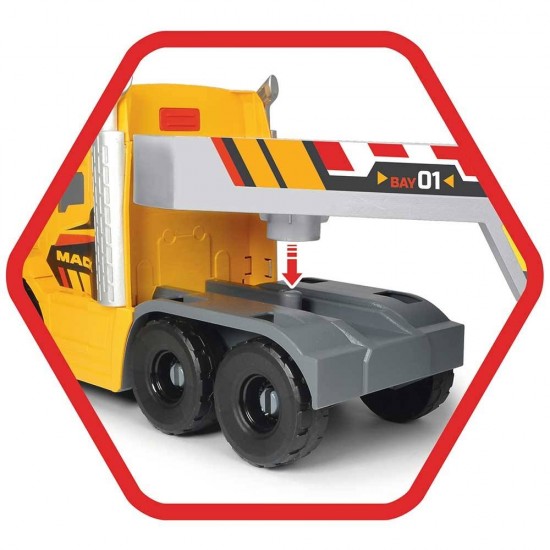 Camion Dickie Toys Mack Volvo Heavy Loader Truck cu remorca, buldozer si camion basculant