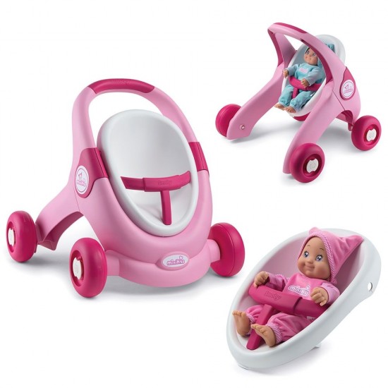 Carucior pentru papusi Smoby Minikiss 3 in 1 Roz