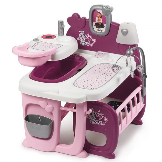Centru de ingrijire pentru papusi Smoby Baby Nurse Doll`s Play Center mov cu 23 accesorii