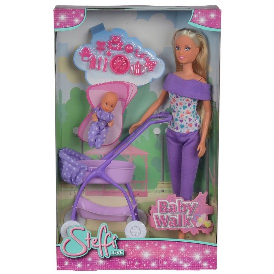 Papusa Simba Steffi Love Baby Walk 29 cm mov cu carucior si accesorii