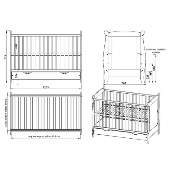 Patut copii din lemn Hubners Laura 120x60 alb cu sertar