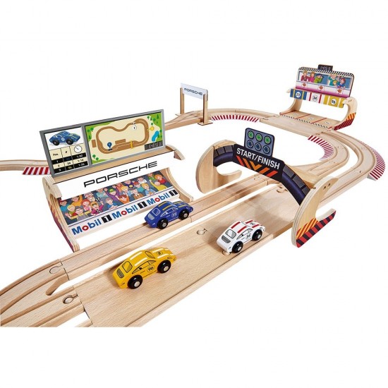 Pista de masini din lemn Eichhorn Porsche Racing cu 3 masinute