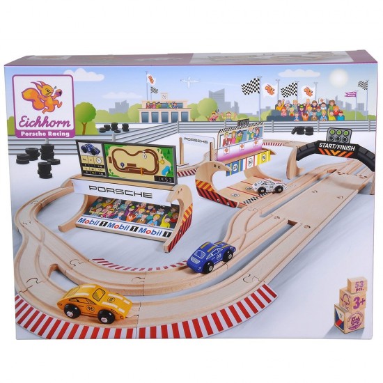 Pista de masini din lemn Eichhorn Porsche Racing cu 3 masinute