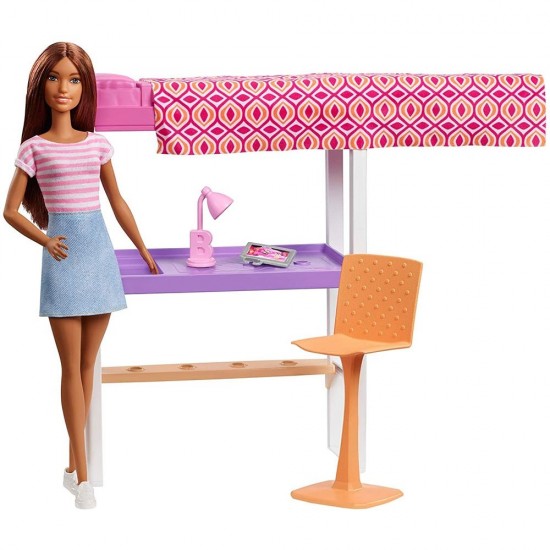 Set Barbie Mattel Estate - Birou cu pat supraetajat, papusa si accesorii