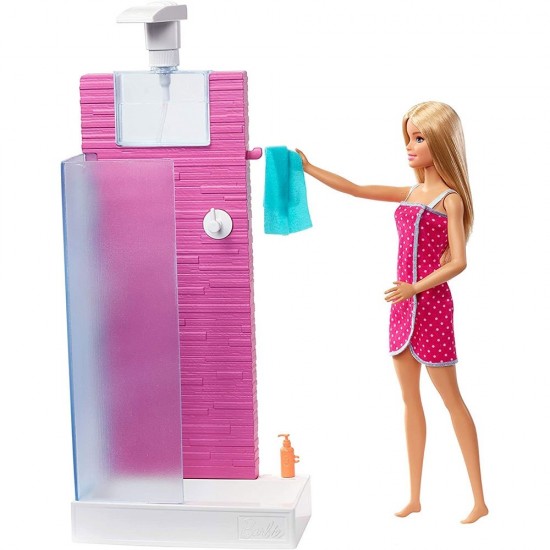 Set Barbie Mattel Estate cabina dus cu papusa si accesorii