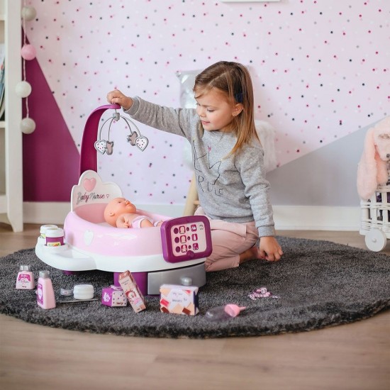 Set cadita si accesorii pentru papusi Smoby Baby Nurse Nursery Mov