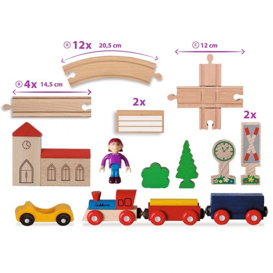 Set din lemn Eichhorn Tren cu sina in forma 8 si accesorii