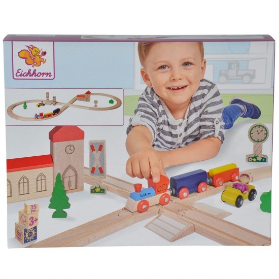 Set din lemn Eichhorn Tren cu sina in forma 8 si accesorii