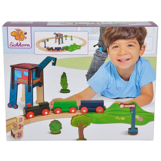 Set din lemn Eichhorn Tren cu sina ovala si accesorii