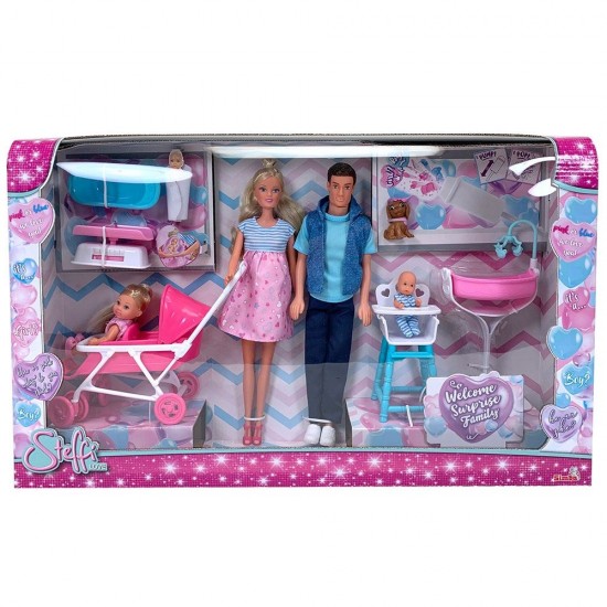 Set Simba Steffi Love Welcom Surprise Family papusa Steffy 29 cm, papusa Kevin 29 cm, papusa Evi 12 cm si accesorii