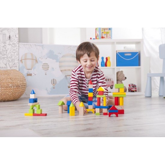 Set constructie 50 cuburi colorate din lemn