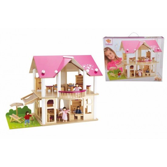 Casuta papusi din lemn cu 4 papusi si accesorii Eichhorn