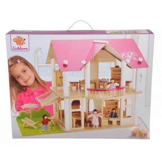 Casuta papusi din lemn cu 4 papusi si accesorii Eichhorn