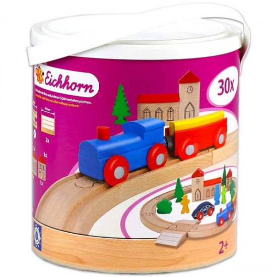 Set Trenulet cu sina din lemn in galetusa 30 piese Eichhorn