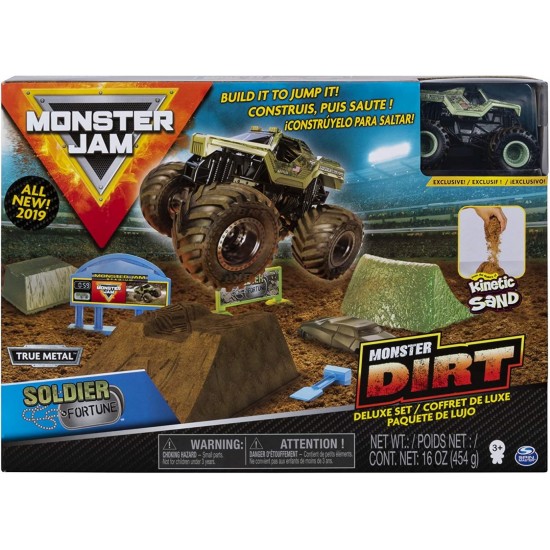 Set camioneta Soldier Fortune cu nisip kinetic si accesorii cu rampa Monster Jam