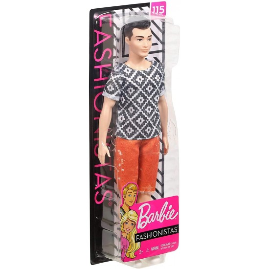 Papusa Ken Barbie Fashionistas cu tricou alb negru mozaic