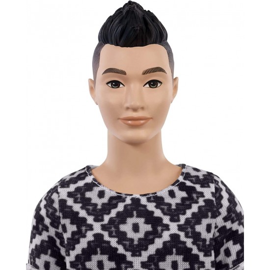 Papusa Ken Barbie Fashionistas cu tricou alb negru mozaic