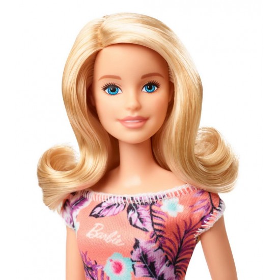 Papusa Barbie blonda cu rochita inflorata