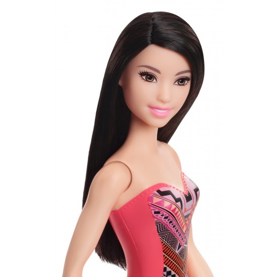 Papusa Barbie bruneta cu costum de baie cu modele geometrice