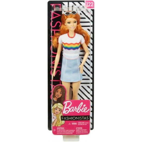 Papusa Barbie Fashionista cu fustita si tricou curcubeu