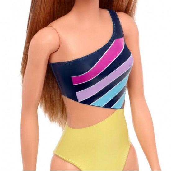 Papusa Barbie satena cu costum de baie multicolor