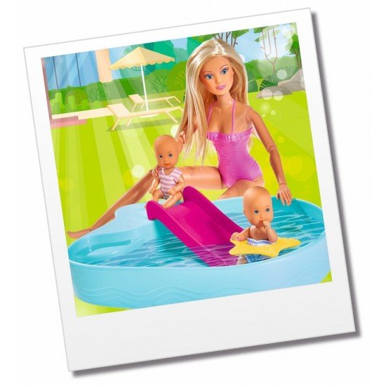 Papusa Steffi cu piscina si 2 copilasi