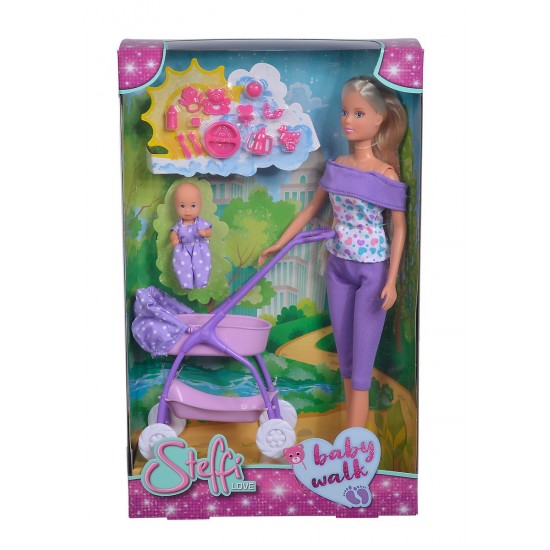 Papusa Steffi in pantalonasi mov si cu carucior bebe