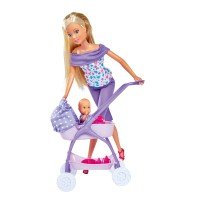 Papusa Steffi in pantalonasi mov si cu carucior bebe