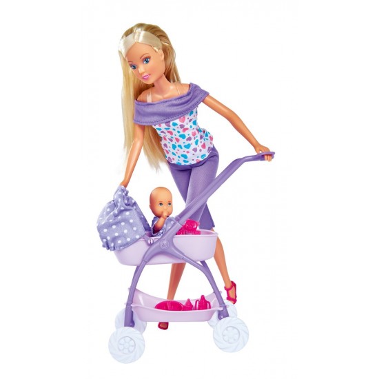 Papusa Steffi in pantalonasi mov si cu carucior bebe