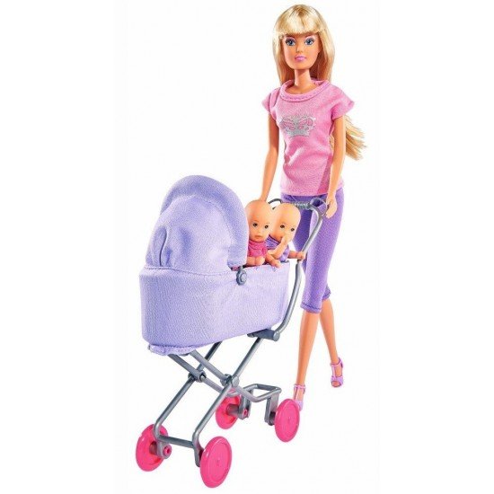 Papusa Steffi in pantaloni cu carucior si gemeni